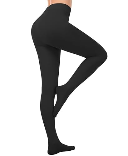 Jiuday Thermo Strumpfhose Damen Strumpfhosen Damen Winter Fleece Gefütterte Strumpfhose Warme Dicke Thermostrumpfhosen Blickdichte Hohe Taille Schlankheits Natürlich (200g Schwarz-Mit Füß,L) von Jiuday