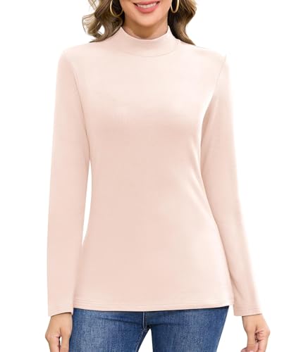 Jiuday Thermoshirt Damen Langarm Basic Langarmshirt Stehkragen Thermo Oberteil Winter Funktionsshirt Fleece Pullover Elegant Slim Fit Innenfleece Thermohemd (Beige,2XL) von Jiuday