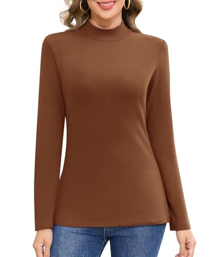 Jiuday Thermoshirt Damen Langarm Basic Langarmshirt Stehkragen Thermo Oberteil Winter Funktionsshirt Fleece Pullover Elegant Slim Fit Innenfleece Thermohemd (Braun,M) von Jiuday