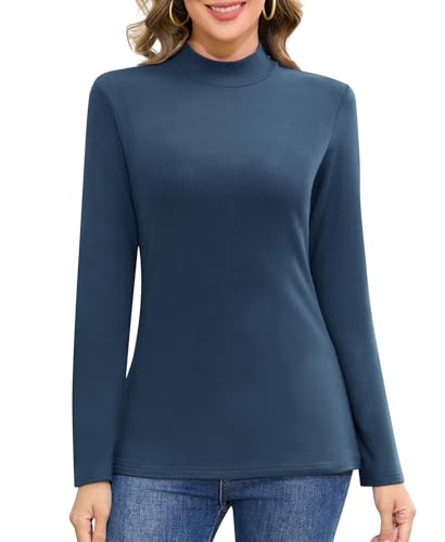 Jiuday Thermoshirt Damen Langarm Basic Langarmshirt Stehkragen Thermo Oberteil Winter Funktionsshirt Fleece Pullover Elegant Slim Fit Innenfleece Thermohemd (Dunkelblau,2XL) von Jiuday
