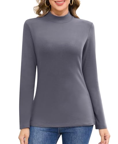 Jiuday Thermoshirt Damen Langarm Basic Langarmshirt Stehkragen Thermo Oberteil Winter Funktionsshirt Fleece Pullover Elegant Slim Fit Innenfleece Thermohemd (Dunkelgrau,2XL) von Jiuday