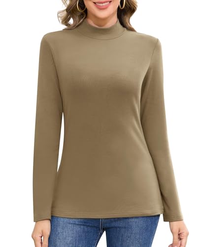 Jiuday Thermoshirt Damen Langarm Basic Langarmshirt Stehkragen Thermo Oberteil Winter Funktionsshirt Fleece Pullover Elegant Slim Fit Innenfleece Thermohemd (Hellbraun,M) von Jiuday