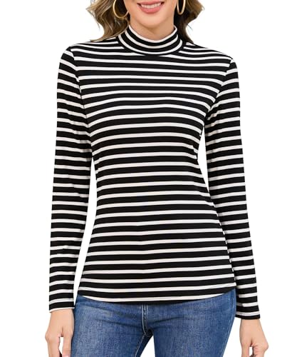 Jiuday Thermoshirt Damen Langarm Basic Langarmshirt Stehkragen Thermo Oberteil Winter Funktionsshirt Fleece Pullover Elegant Slim Fit Innenfleece Thermohemd (Schwarz und Weiß Gestreift,S) von Jiuday