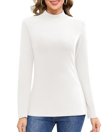 Jiuday Thermoshirt Damen Langarm Basic Langarmshirt Stehkragen Thermo Oberteil Winter Funktionsshirt Fleece Pullover Elegant Slim Fit Innenfleece Thermohemd (Weiß,M) von Jiuday