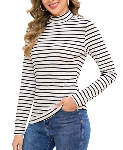 Jiuday Thermoshirt Damen Langarm Basic Langarmshirt Stehkragen Thermo Oberteil Winter Funktionsshirt Fleece Pullover Elegant Slim Fit Innenfleece Thermohemd (Weiß und Schwarz Gestreift,XL) von Jiuday