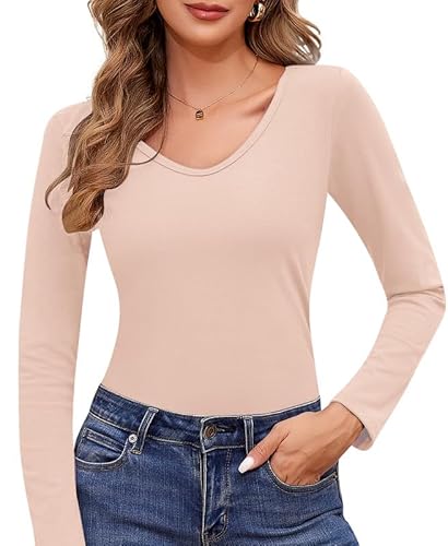 Jiuday Thermoshirt Damen Langarm Thermo Oberteil V Ausschnitt Fleece Pullover Warmer Thermopulli Gefüttert Winter Fleecepulli Slim Fit Thermo Basic Layer Mit Innenfleece (Beige,S) von Jiuday