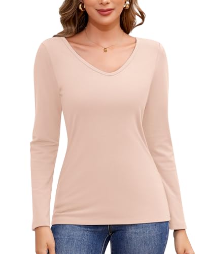 Jiuday Thermoshirt Damen Langarm Thermo Oberteil V Ausschnitt Fleece Pullover Warmer Thermopulli Gefüttert Winter Fleecepulli Slim Fit Thermo Unterhemd Basic Layer Mit Innenfleece (Beige,XL) von Jiuday