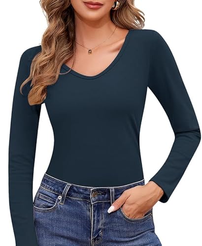 Jiuday Thermoshirt Damen Langarm Thermo Oberteil V Ausschnitt Fleece Pullover Warmer Thermopulli Gefüttert Winter Fleecepulli Slim Fit Thermo Basic Layer Mit Innenfleece (Dunkelblau,M) von Jiuday