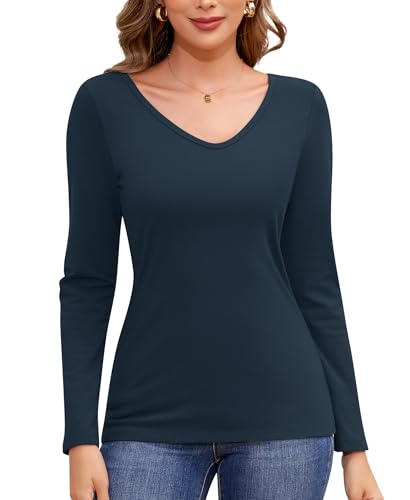 Jiuday Thermoshirt Damen Langarm Thermo Oberteil V Ausschnitt Fleece Pullover Warmer Thermopulli Gefüttert Winter Fleecepulli Slim Fit Thermo Unterhemd Basic Layer Mit Innenfleece (Dunkelblau,XS) von Jiuday