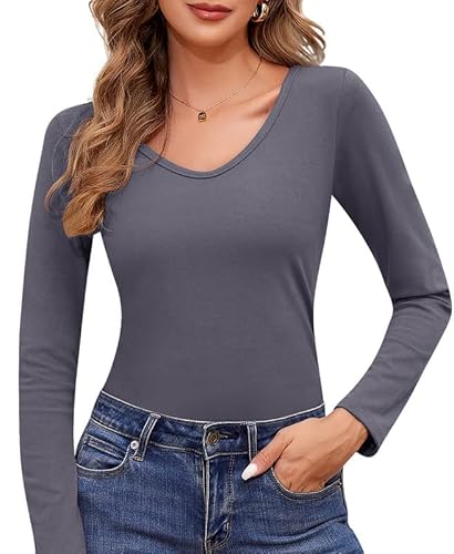 Jiuday Thermoshirt Damen Langarm Thermo Oberteil V Ausschnitt Fleece Pullover Warmer Thermopulli Gefüttert Winter Fleecepulli Slim Fit Thermo Basic Layer Mit Innenfleece (Dunkelgrau,M) von Jiuday
