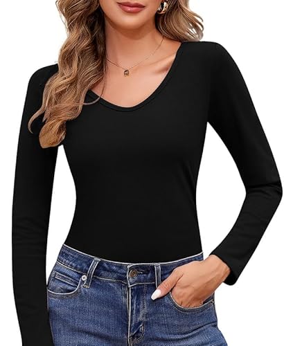 Jiuday Thermoshirt Damen Langarm Thermo Oberteil V Ausschnitt Fleece Pullover Warmer Thermopulli Gefüttert Winter Fleecepulli Slim Fit Thermo Basic Layer Mit Innenfleece (Schwarz,L) von Jiuday