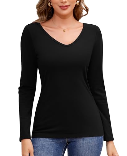 Jiuday Thermoshirt Damen Langarm Thermo Oberteil V Ausschnitt Fleece Pullover Warmer Thermopulli Gefüttert Winter Fleecepulli Slim Fit Thermo Unterhemd Basic Layer Mit Innenfleece (Schwarz,XS) von Jiuday