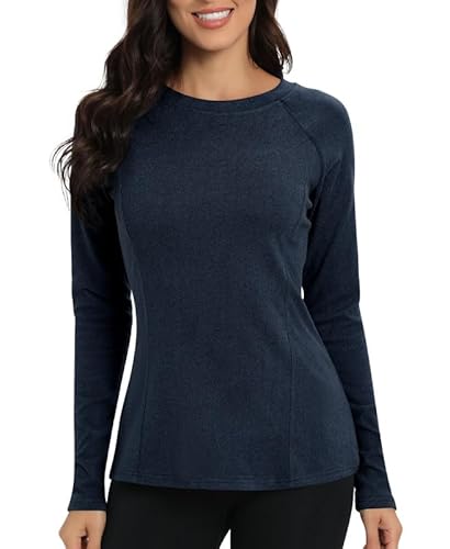 Jiuday Thermoshirt Damen Langarm Winter Thermo Oberteil Fleece Langarm Shirt Rundhalsausschnitt Funktionsshirt Thermo Unterhemd für Haus Sport Skifahren (Dunkel Blau,2XL) von Jiuday
