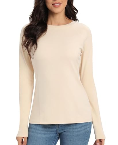Jiuday Thermoshirt Damen Langarm Winter Thermo Oberteil Fleece Langarm Shirt Rundhalsausschnitt Funktionsshirt Thermo Unterhemd für Haus Sport Skifahren (Beige,XL) von Jiuday