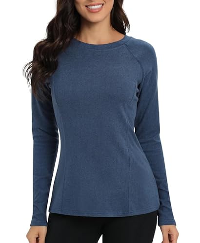 Jiuday Thermoshirt Damen Langarm Winter Thermo Oberteil Fleece Langarm Shirt Rundhalsausschnitt Funktionsshirt Thermo Unterhemd für Haus Sport Skifahren (Navy Blau,XS) von Jiuday
