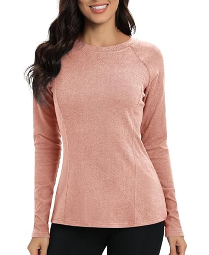 Jiuday Thermoshirt Damen Langarm Winter Thermo Oberteil Fleece Langarm Shirt Rundhalsausschnitt Funktionsshirt Thermo Unterhemd für Haus Sport Skifahren (Rosa,XL) von Jiuday