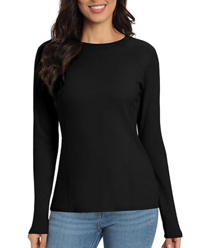 Jiuday Thermoshirt Damen Langarm Winter Thermo Oberteil Fleece Langarm Shirt Rundhalsausschnitt Funktionsshirt Thermo Unterhemd für Haus Sport Skifahren (Schwarz,XS) von Jiuday