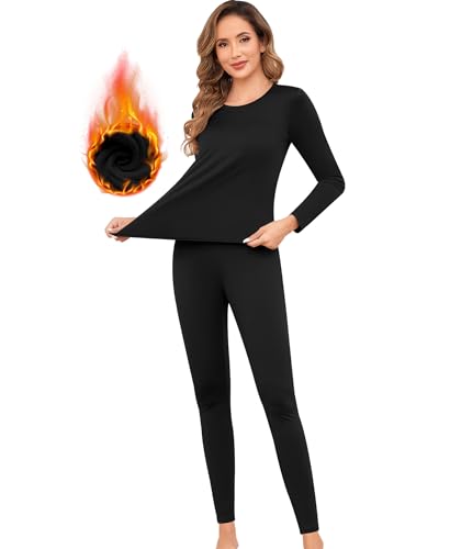 Jiuday Thermounterwäsche Damen Winter Funktionswäsche Set Warm Thermo Unterwäsche Atmungsaktiv Flexibel Skiunterwäsche für Hause Wintersport (Schwarz,S) von Jiuday