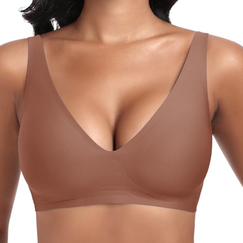 Jiuday Tiefer V Push Up BH ohne Bügel for Damen Bequemer BH für Große Brüste Starker Halt Seamless Soft Bra Bügelloser Gepolstert Nahtloser Glatter Bralette (Braun,L) von Jiuday