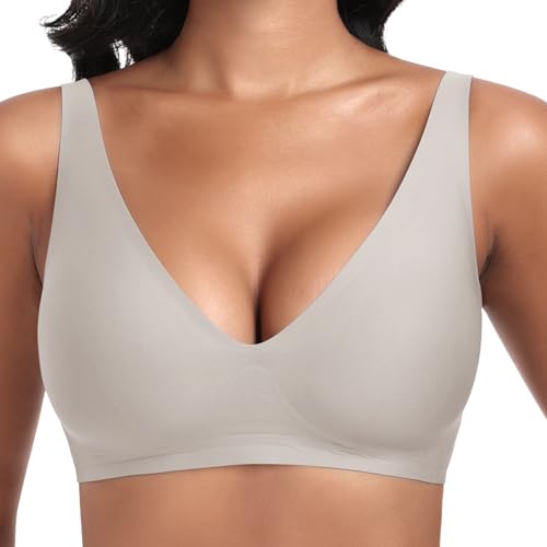 Jiuday Tiefer V Push Up BH ohne Bügel for Damen Bequemer BH für Große Brüste Starker Halt Seamless Soft Bra Bügelloser Gepolstert Nahtloser Glatter Bralette (Hellgrau,XL) von Jiuday