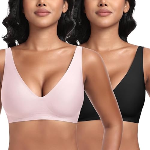 Jiuday Tiefer V Push Up BH ohne Bügel for Damen Bequemer BH für Große Brüste Starker Halt Seamless Soft Bra Bügelloser Gepolstert Nahtloser Glatter Bralette (Schwarz+Rosa,2XL) von Jiuday