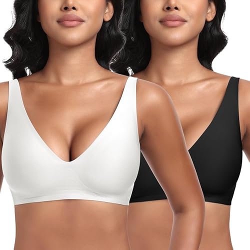 Jiuday Tiefer V Push Up BH ohne Bügel for Damen Bequemer BH für Große Brüste Starker Halt Seamless Soft Bra Bügelloser Gepolstert Nahtloser Glatter Bralette (Schwarz+Weiß,S) von Jiuday