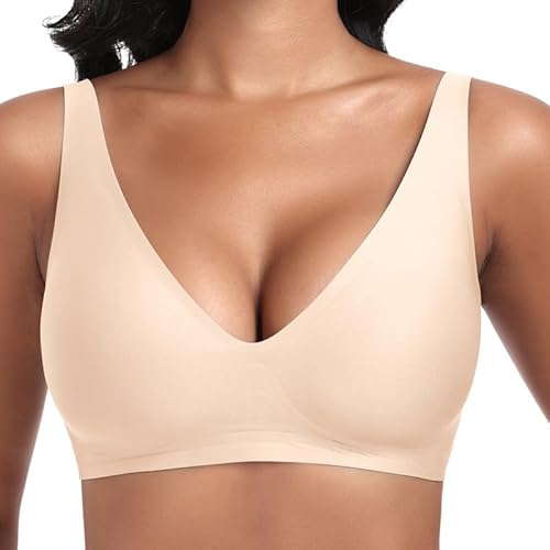 Jiuday Tiefer V Push Up BH ohne Bügel for Damen Bequemer BH für Große Brüste Starker Halt Seamless Soft Bügelloser Gepolstert Nahtloser Glatter BH (Beige,L) von Jiuday