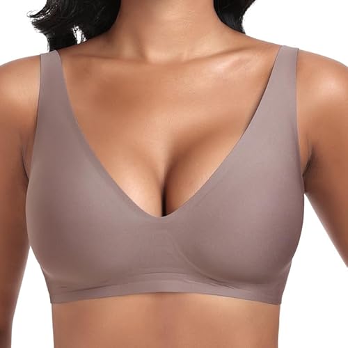 Jiuday Tiefer V Push Up BH ohne Bügel for Damen Bequemer BH für Große Brüste Starker Halt Seamless Soft Bügelloser Gepolstert Nahtloser Glatter BH (Kaffee,S) von Jiuday