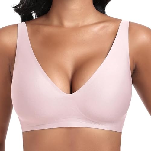 Jiuday Tiefer V Push Up BH ohne Bügel for Damen Bequemer BH für Große Brüste Starker Halt Seamless Soft Bügelloser Gepolstert Nahtloser Glatter BH (Rosa,2XL) von Jiuday