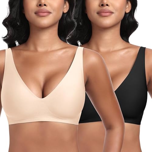Jiuday Tiefer V Push Up BH ohne Bügel for Damen Bequemer BH für Große Brüste Starker Halt Seamless Soft Bra Bügelloser Gepolstert Nahtloser Glatter Bralette (Schwarz+Beige,M) von Jiuday