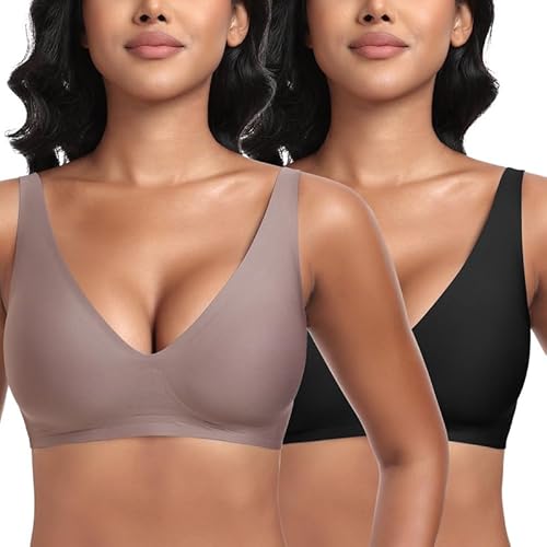 Jiuday Tiefer V Push Up BH ohne Bügel for Damen Bequemer BH für Große Brüste Starker Halt Seamless Soft Bra Bügelloser Gepolstert Nahtloser Glatter Bralette (Schwarz+Kaffee,XL) von Jiuday