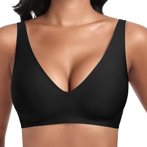 Jiuday Tiefer V Push Up BH ohne Bügel for Damen Bequemer BH für Große Brüste Starker Halt Seamless Soft Bügelloser Gepolstert Nahtloser Glatter BH (Schwarz,M) von Jiuday