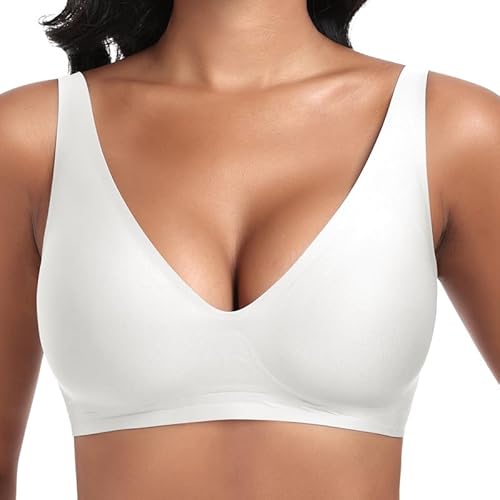 Jiuday Tiefer V Push Up BH ohne Bügel for Damen Bequemer BH für Große Brüste Starker Halt Seamless Soft Bügelloser Gepolstert Nahtloser Glatter BH (Weiß,S) von Jiuday