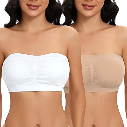 Jiuday Trägerloser BH Damen Bandeau BH ohne Träger Gepolsterter BH Nahtloser BH Tube Top Bralette (Beige+Weiß,3XL) von Jiuday