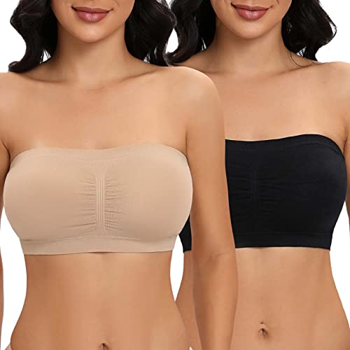 Jiuday Trägerloser BH Damen Bandeau BH ohne Träger Gepolsterter BH Nahtloser BH Tube Top Bralette (Schwarz+Beige,3XL) von Jiuday