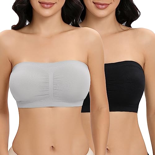 Jiuday Trägerloser BH Damen Bandeau BH ohne Träger Gepolsterter BH Nahtloser BH Tube Top Bralette (Schwarz+Grau,3XL) von Jiuday