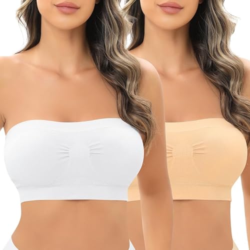 Jiuday Trägerloser BH Gepolstert Bandeau BH ohne Träger ohne Bügel Nahtloser Seamless Tube Top Bralette BH für Damen (Beige+Weiß,L) von Jiuday