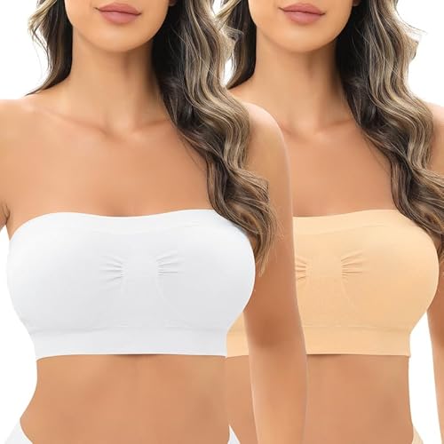 Jiuday Trägerloser BH Push Up Bandeau BH ohne Träger Bandeau Top Gepolstert Damen Strapless Bra ohne Bügel mit Rutschfester Silikon (1-Keine Antirutschstreifen-Beige+Weiß,2XL) von Jiuday