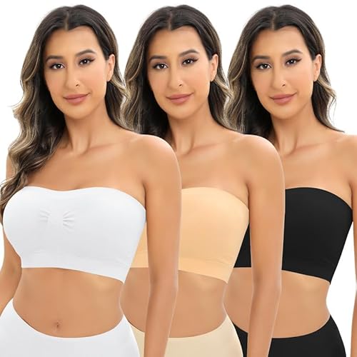 Jiuday Trägerloser BH Push Up Bandeau BH ohne Träger Bandeau Top Gepolstert Damen Strapless Bra ohne Bügel mit Rutschfester Silikon (1-Keine Antirutschstreifen-Schwarz+Beige+Weiß,XL) von Jiuday