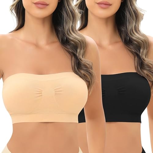 Jiuday Trägerloser BH Push Up Bandeau BH ohne Träger Bandeau Top Gepolstert Damen Strapless Bra ohne Bügel mit Rutschfester Silikon (1-Keine Antirutschstreifen-Schwarz+Beige,2XL) von Jiuday