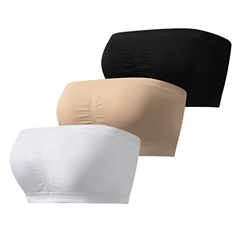 Jiuday Trägerloser BH Push Up Bandeau BH ohne Träger Bandeau Top Gepolstert Damen Strapless Bra ohne Bügel mit Rutschfester Silikon (2-Keine Antirutschstreifen-Schwarz+Beige+Weiß,M) von Jiuday