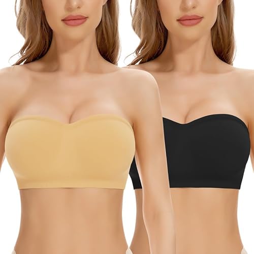 Jiuday Trägerloser BH Push Up Bandeau BH ohne Träger Bandeau Top Gepolstert Damen Strapless Bra ohne Bügel mit Rutschfester Silikon Transparente Träger (Schwarz+Beige,M) von Jiuday