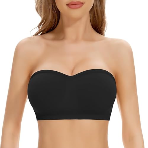 Jiuday Trägerloser BH Push Up Bandeau BH ohne Träger Bandeau Top Gepolstert Damen Strapless Bra ohne Bügel mit Rutschfester Silikon Transparente Träger (Schwarz,M) von Jiuday