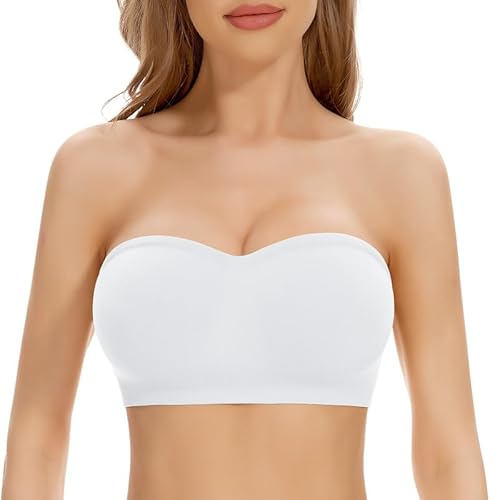Jiuday Trägerloser BH Push Up Bandeau BH ohne Träger Bandeau Top Gepolstert Damen Strapless Bra ohne Bügel mit Rutschfester Silikon Transparente Träger (Weiß,L) von Jiuday
