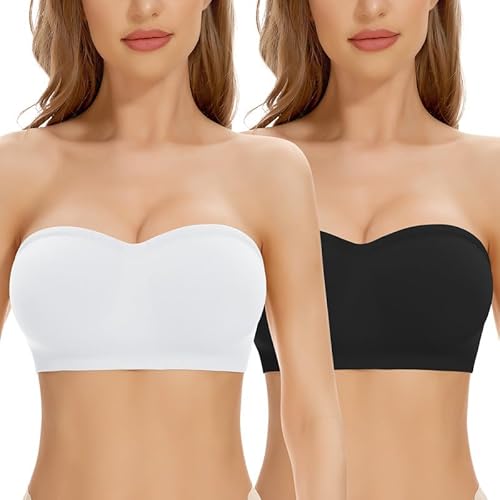 Jiuday Trägerloser BH Push Up Gepolstert Bandeau BH ohne Träger Bandeau Top Damen Bralette mit Rutschfester Silikon Transparente Träger Soft Seamless Strapless Bra ohne Bügel (Schwarz+Weiß,L) von Jiuday