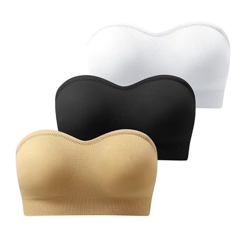 Jiuday Trägerloser BH Push Up Bandeau BH ohne Träger Bandeau Top Gepolstert Damen Strapless Bra ohne Bügel mit Rutschfester Silikon Transparente Träger (Schwarz+Beige+Weiß,L) von Jiuday