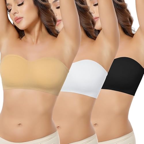 Jiuday Bandeau BH ohne Träger mit Transparente Träger Damen Trägerloser BH mit Rutschfester Silikon (181-Schwarz+Beige+Weiß,L) von Jiuday