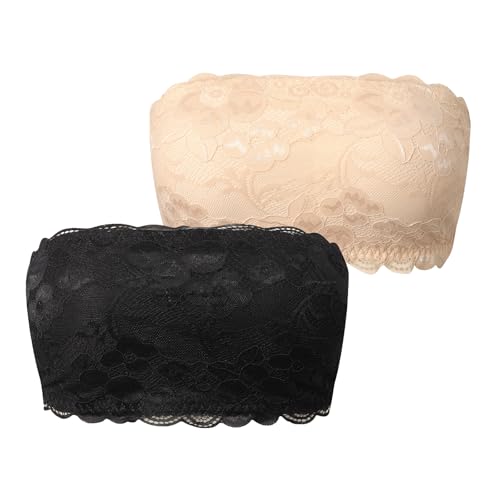 Jiuday Trägerloser BH Spitze Bandeau Damen ohne Träger Strapless Bra ohne Bügel für Kleine Brüste Gepolstert Bequem Sommer Bandeau Top mit Transparenten Träger (Schwarz+Beige,XS) von Jiuday