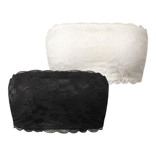 Jiuday Trägerloser BH Spitze Bandeau Damen ohne Träger Strapless Bra ohne Bügel für Kleine Brüste Gepolstert Bequem Sommer Bandeau Top mit Transparenten Träger (Schwarz+Weiß,XS) von Jiuday