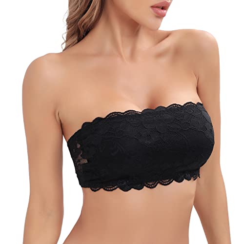 Jiuday Trägerloser BH Spitze Bandeau Damen ohne Träger Strapless Bra ohne Bügel für Kleine Brüste Gepolstert Bequem Sommer Bandeau Top mit Transparenten Träger (Schwarz,M) von Jiuday